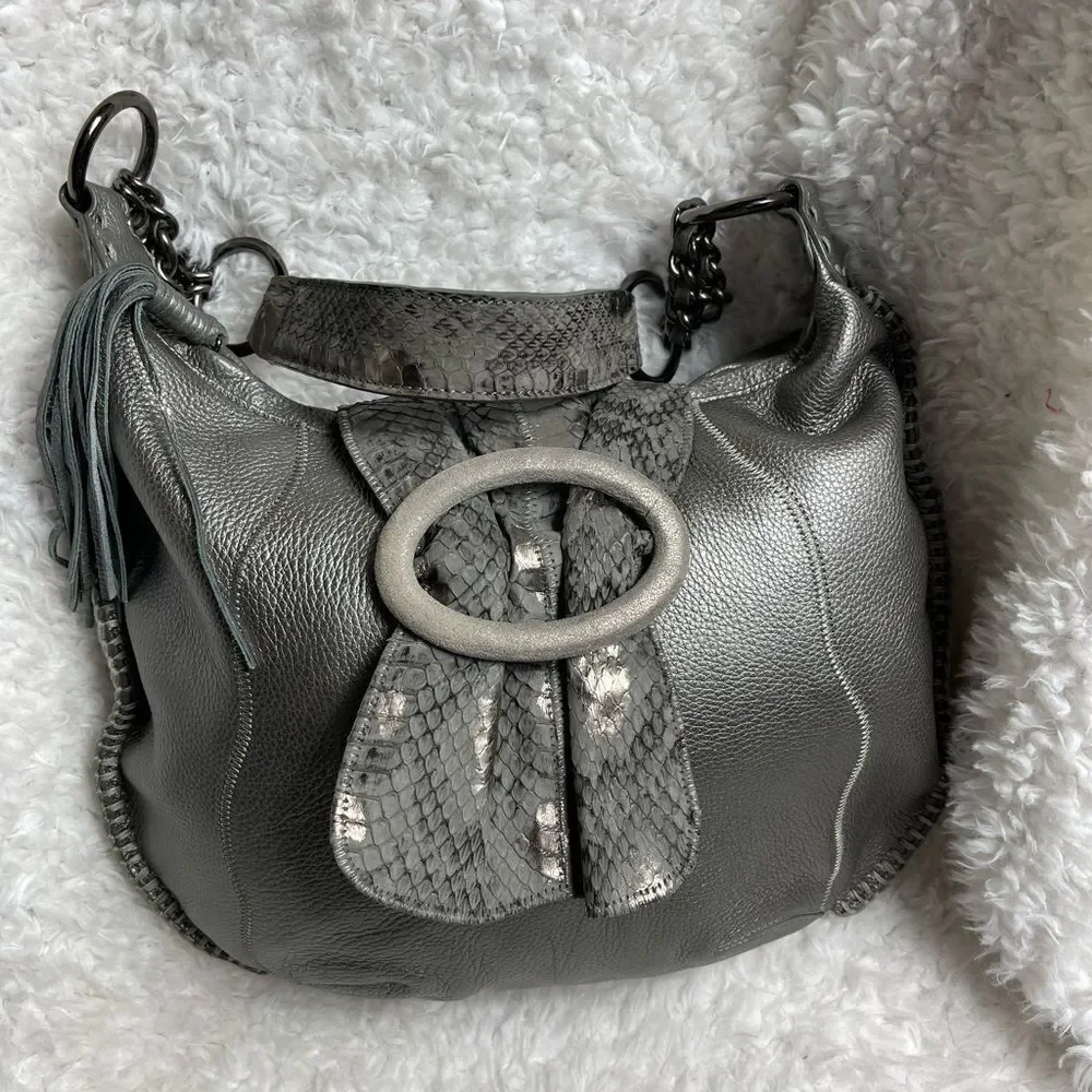 CHI by Carlos Falchil Hobo leather gray shoulder bag with shake skin flap& strap